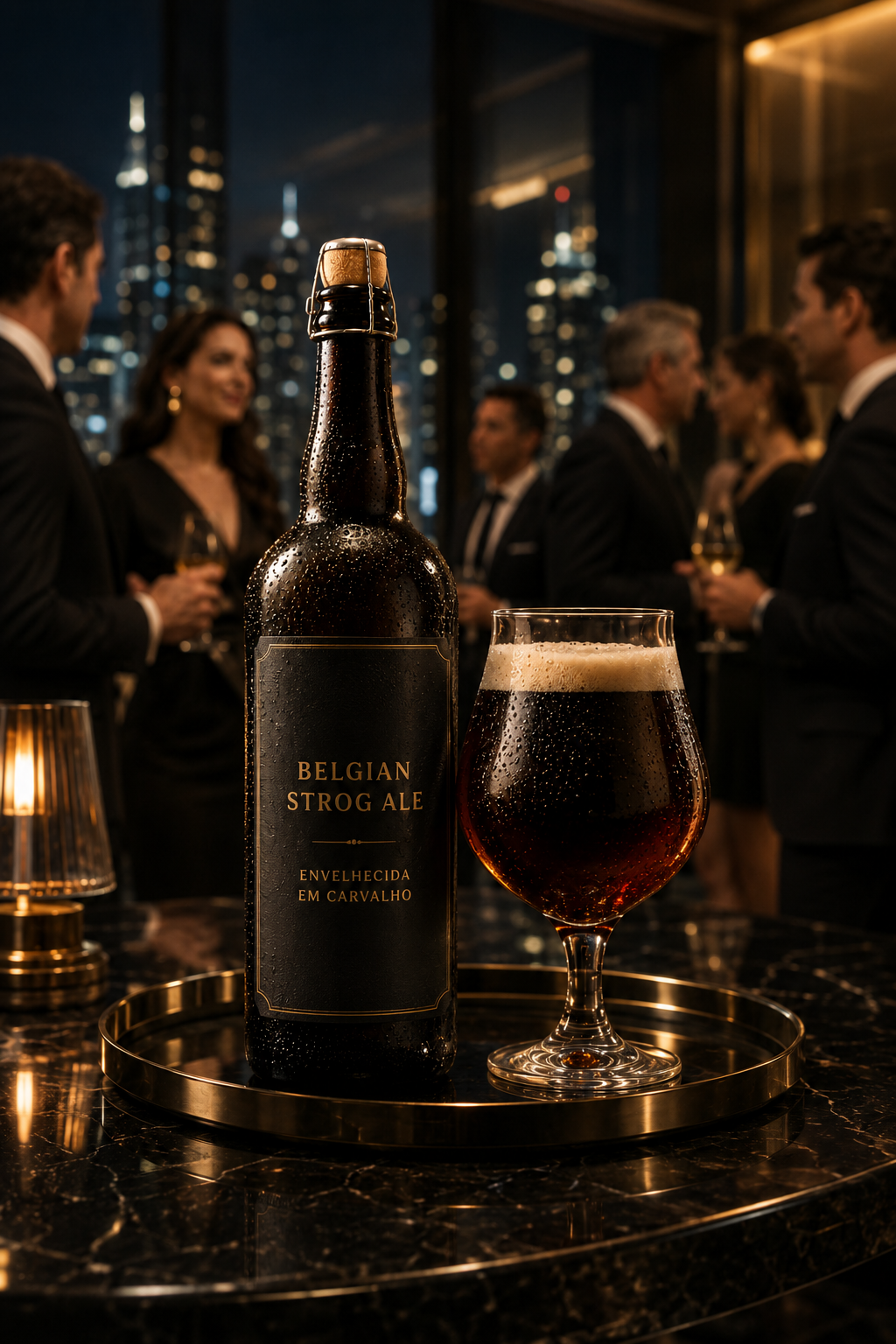 Garrafa de Belgian Strong Ale Autêntica Reserva com taça em ambiente sofisticado