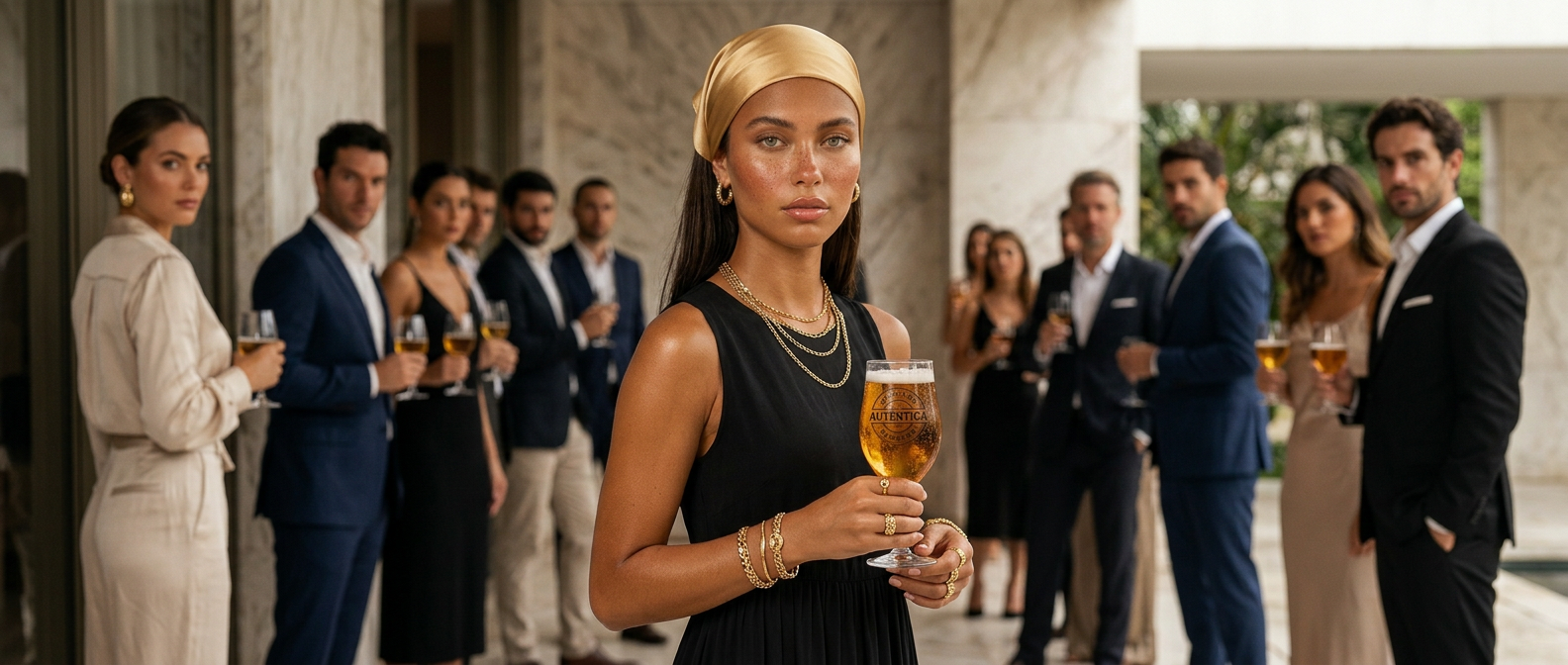 Convidados em recepção elegante brindando com taças de Autêntica